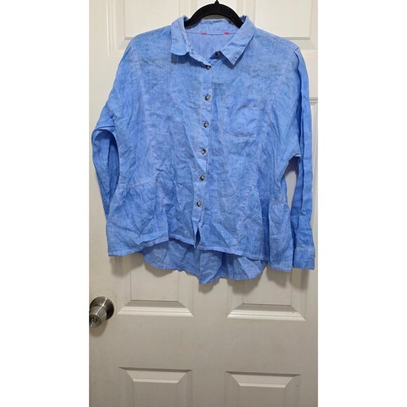 Light Blue Button-Up Long Sleeve Hi -Lo Women's Linen Shirt Size S - Picture 2 of 6